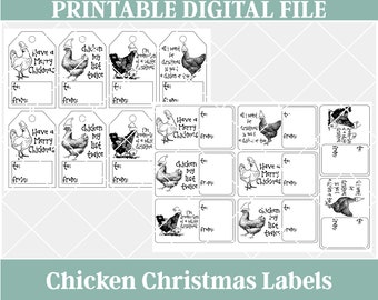 Printable Chicken Christmas Labels, Chickens Wearing Santa Hats, Christmas Hanging Tags, JPG and PDF, vintage, color in yourself, minimalist