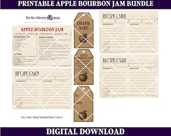 Apple Bourbon Jam Printable Bundle | Rustic Kraft Hang Tags, Recipe Cards & Full Page Recipe | Canning Gift Labels Set
