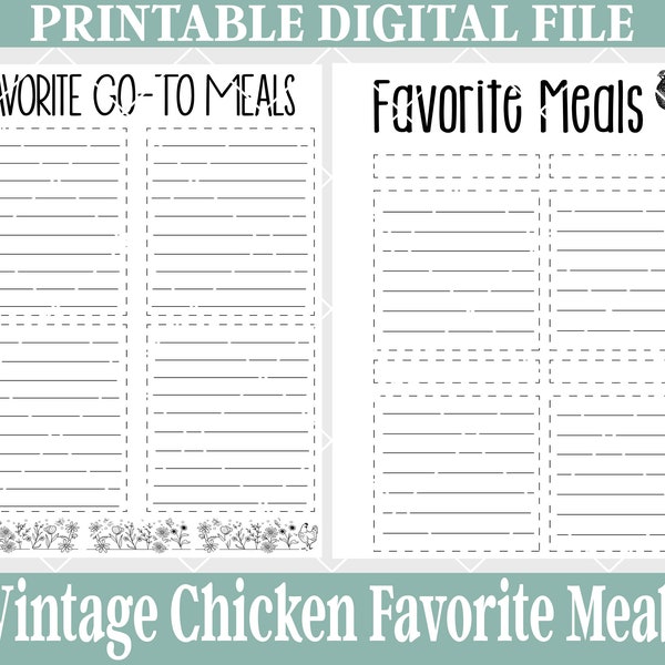 Vintage Chicken Meal Planner Printable Favorite Go-To Meals, 3 Ring Binder Capable, JPG and PDF Versions