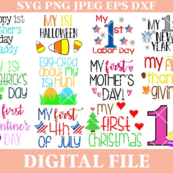 12 Baby First Holidays SVG Designs, iron on transfer, dxf cutting file, cricut svg, cameo svg, baby sayings