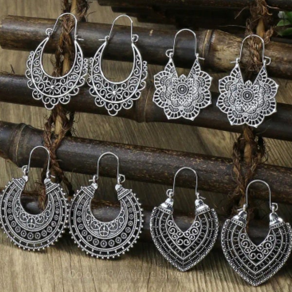 Boho earrings, antique silver boho tribal style earrings, silver filigree dangle earrings, bohemian silver tribal style earrings, boho hoops