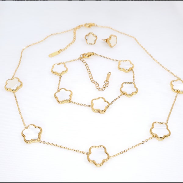 White clover necklace, white and gold clover necklace,  clover jewelry set, clover shell necklace, clover bracelet, clover earrings