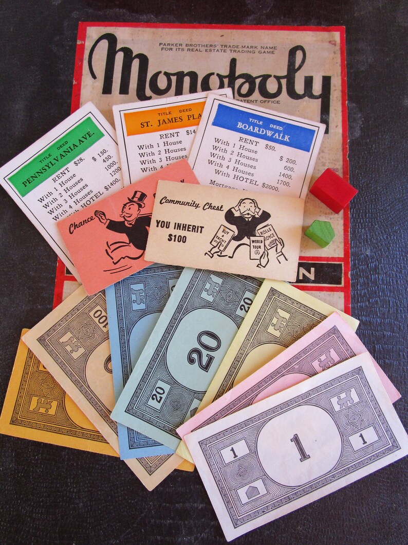 Vintage 1952 Monopoly Game Pieces Money Property Cards Etsy - 