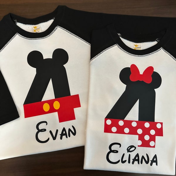 Mickey Minnie Four Year Old Birthday Tee, I'm Four Birthday, Mickey Birthday Raglan Shirt, Name Shirt, Personalized Tee