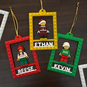 Brick Minifigure Holder Ornament w/ Name & Holiday Minifigure, Personalized Minifig Holder, Brick Christmas Ornament, Customized Unique Gift