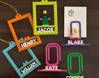Brick Minifigure Ornament Hang, Brick Photo Holder with Name (Minifigure not included), Personalized Customized Gift Stocking Stuffer