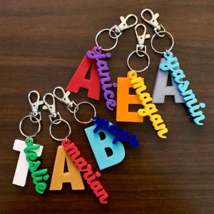 May include: A set of seven colorful keychains with names written on them. The keychains are made of plastic and have a silver metal ring. The names on the keychains are: Janice, Megan, Yasmin, Pops, Leslie, Marian, and Tab.