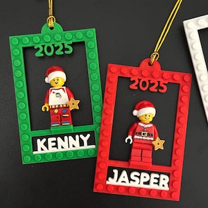 Brick Minifigure Holder Ornament w/ Name & Holiday Minifigure, Personalized Minifig Holder, Brick Christmas Ornament, Customized Unique Gift