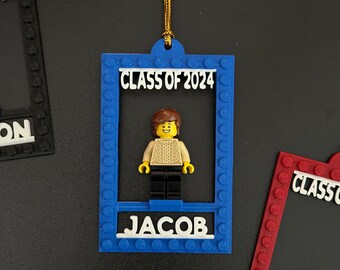 Class of 2024 Minifigure Ornament Holder Frame, Personalized Graduation Gift, Brick Minifigure Hang with Name