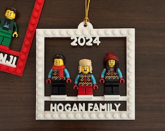 Family of Three Brick Minifigure Ornament Holder, New Family Holiday Gift, Personalized Frame for Family, Unique Gift