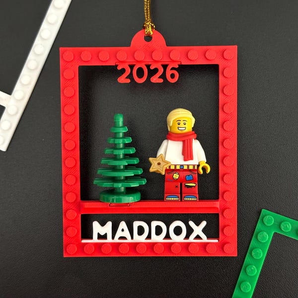 2026 Brick Minifigure Ornament w/ Name & Holiday Minifig, Personalized Christmas Minifigure Holder