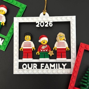 2026 Family of Three Brick Minifigure Ornament Holder, Personalized Ornament Frame