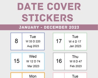 Date cover stickers (Jan- Dec 2023) for bullet journals, dated and undated planners, digital and printable.