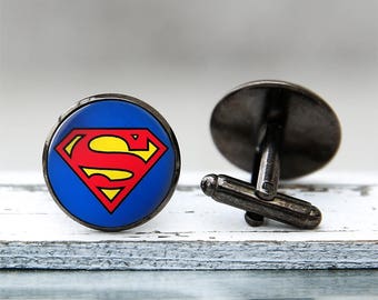 Boyfriend Gift Superman Wooden Cufflinks Mens Movie Cuff links Superhero wood Groomsman Cufflink Fathers Day Anniversary Wedding