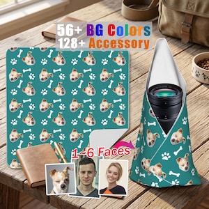 May include: A teal fabric camera wrap featuring a repeating pattern of dog faces and white paw prints and bones. The wrap is shown partially unfolded and also wrapped around a camera lens. Text on the image reads 56+ BG Colors 128+ Accessory 1~6 Faces.