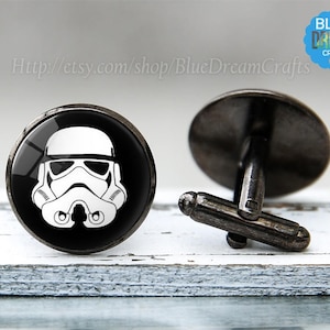 Mens Storm Trooper Cufflinks Unique Star Wars Superhero Geek Comic Nerd Movie for Man Personalized Geekery Gifts Wedding Cuff link for dads