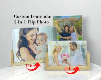 Custom Lenticular Photo Print with Wooden Stand - Personalized 2-in-1 Flip Picture Gift 6" or 8"  FLOTO Decor for Couples, Family, Wedding