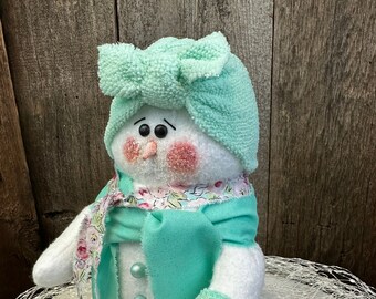 Handmade Snowman, "Arlene" - 9" Mother's Day Snowman Gift, Collectible Snowman Decor, Snowman Decoration, Mint Green, Stuffed Snowmen