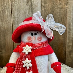 Handcrafted Fabric Snowman “Marsha”: Red & White Winter Decor