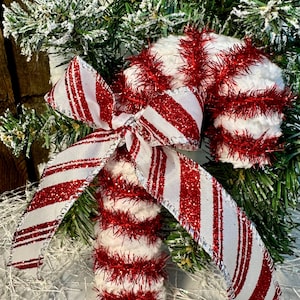 Handmade Chenille Candy Cane Ornaments: Red Ribbon Set of 2