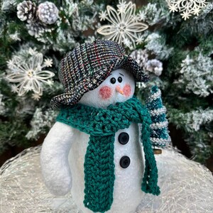 Stuffed Snowman &quot;Janet&quot;: Jade Scarf, Bottle Brush Tree, Christmas Decor
