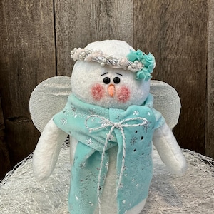Handmade Stuffed Snowman, &quot;Sparkle&quot; Snow Girl w name tag, Angel Snowman, Mint/Silver Christmas Decor, Christmas Decoration, Snowmen Decor