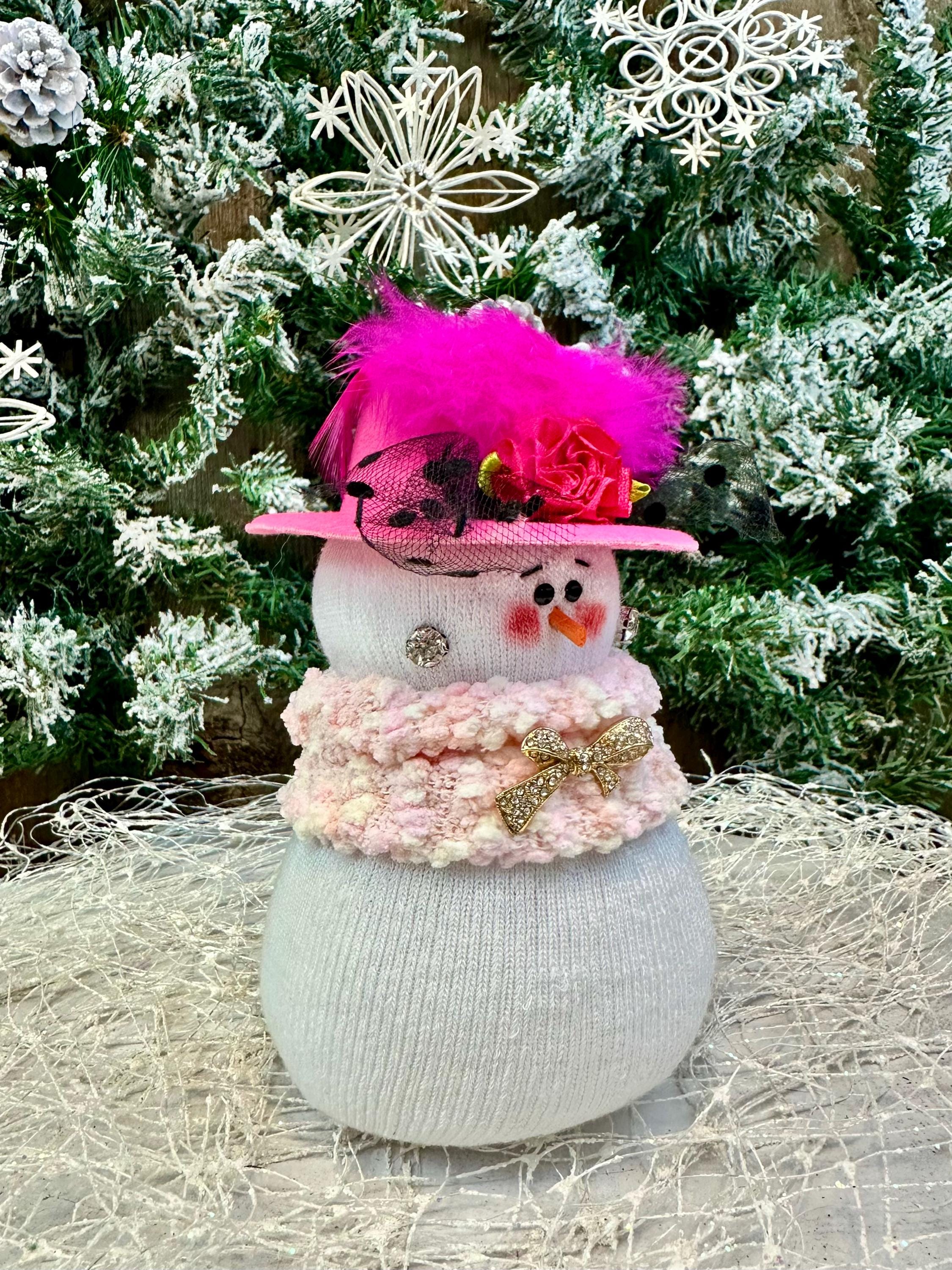 Handmade Sock Snowman: Pink White Holiday Decor, 6