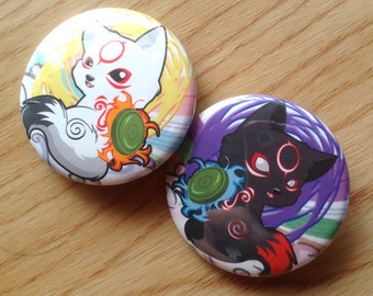 Okamiden button pins, Chibiterasu pins, Okami pin, amaterasu pins, okami, video game pin, anime pin, wolf button pin, dog button pin