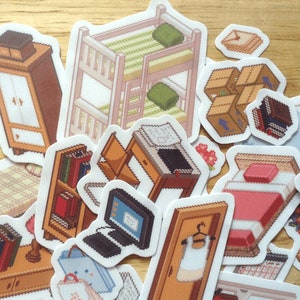 Isometrische Pixel Room Vinyl Stickers, plakboek sticker, handgemaakte sticker, bullet journal, pixel art, isometrische kamer,
