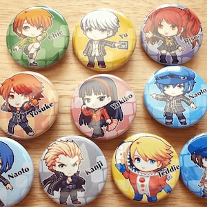 Persona 4 Button pin set, Yu Narukami, Kanji Tatsumi, Yukiko Amagi, Chie Satonaka, Naoto Shirogane, Rise Kujikawa, Yosuke Hanamura, persona
