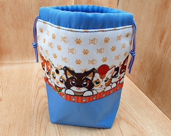 Cat Drawstring bag, Handmade pouch, project bag, gift bag, cute, kittens, cats, feline, cat lover gift
