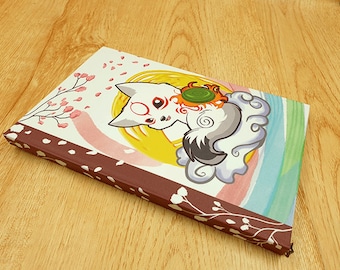 Handmade Okamiden Journal, Okami Notebook, Chibiterasu journal, A5 sketchbook, Wolf lover gift, Cute Notebook, Blank Notebook, stationery