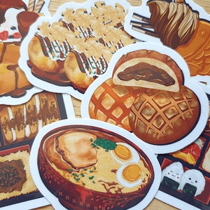 Pegatinas de comida japonesa, Pegatina de comida, sartén de melón Ramen taiyaki, pegatina takoyaki, pegatina de tostada de miel, bento, comida anime, papelería, regalo