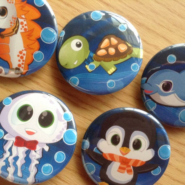 Cute Sea creatures button pin, party favors, party pins, Penguin pin, dolphin pin, jellyfish pin, seahorse pin, turtle pin, anime pins, sea