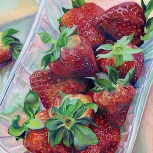 Fragole - Olio su carta ORIGINALE - Natura morta - Decorazione murale - Frutta - Pittura da cucina - Decorazione da pranzo - Arte culinaria