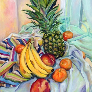 Frutta - Olio su carta ORIGINALE - Natura morta di ananas, pesche, arance e banane - decorazione murale - Dipinto di frutta
