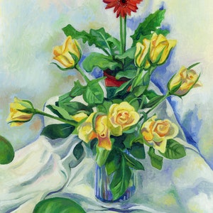 Rose - Olio su carta ORIGINALE - Natura morta - Fiori per decorazioni murali - Dipinto floreale - Giallo