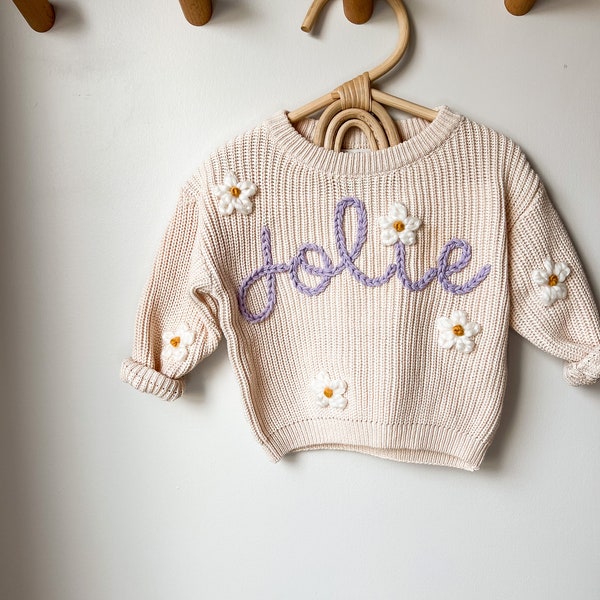 Custom name sweater with design, daisy name sweater, custom toddler sweater, custom baby sweater, baby name sweater, bumblebee sweater