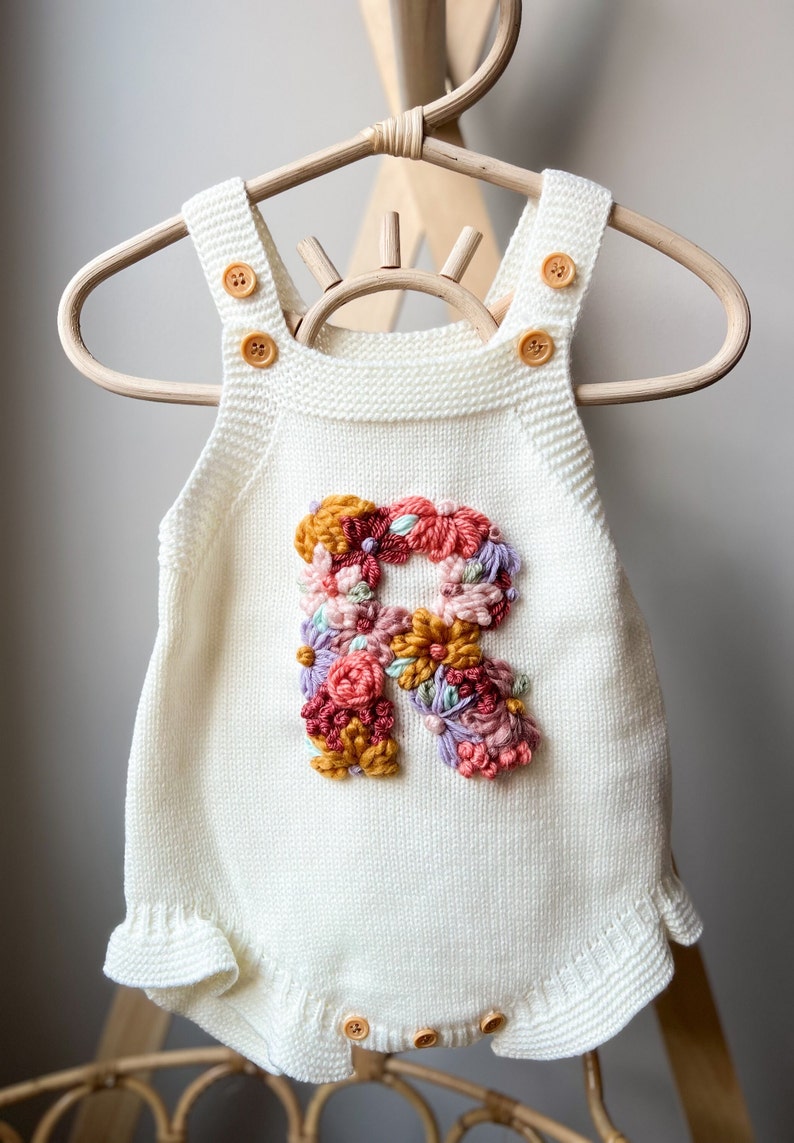 Custom embroidered floral initial, custom toddler jumper, custom baby romper, custom initial sweater, baby name sweater, baby romper image 1