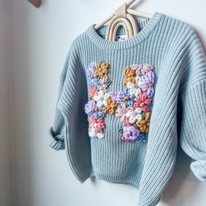 Custom embroidered floral initial sweater, custom toddler sweater, custom baby sweater, custom initial sweater, baby name sweater image 1