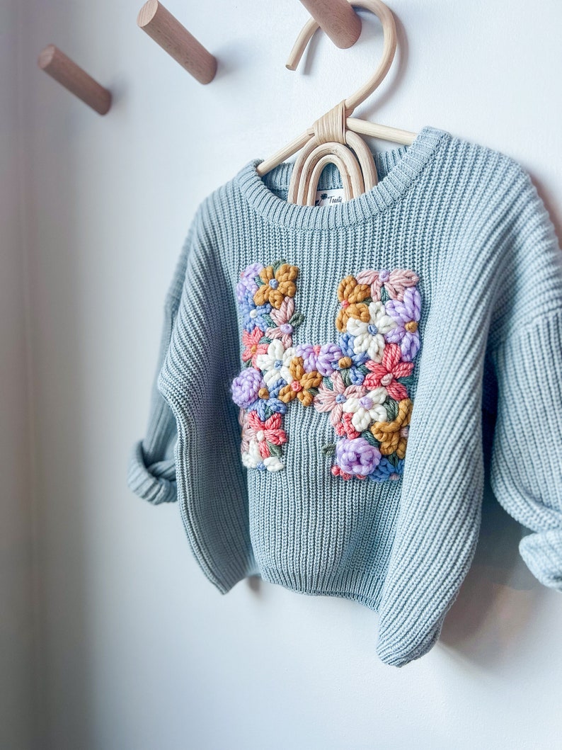 Custom embroidered floral initial sweater, custom toddler sweater, custom baby sweater, custom initial sweater, baby name sweater image 1