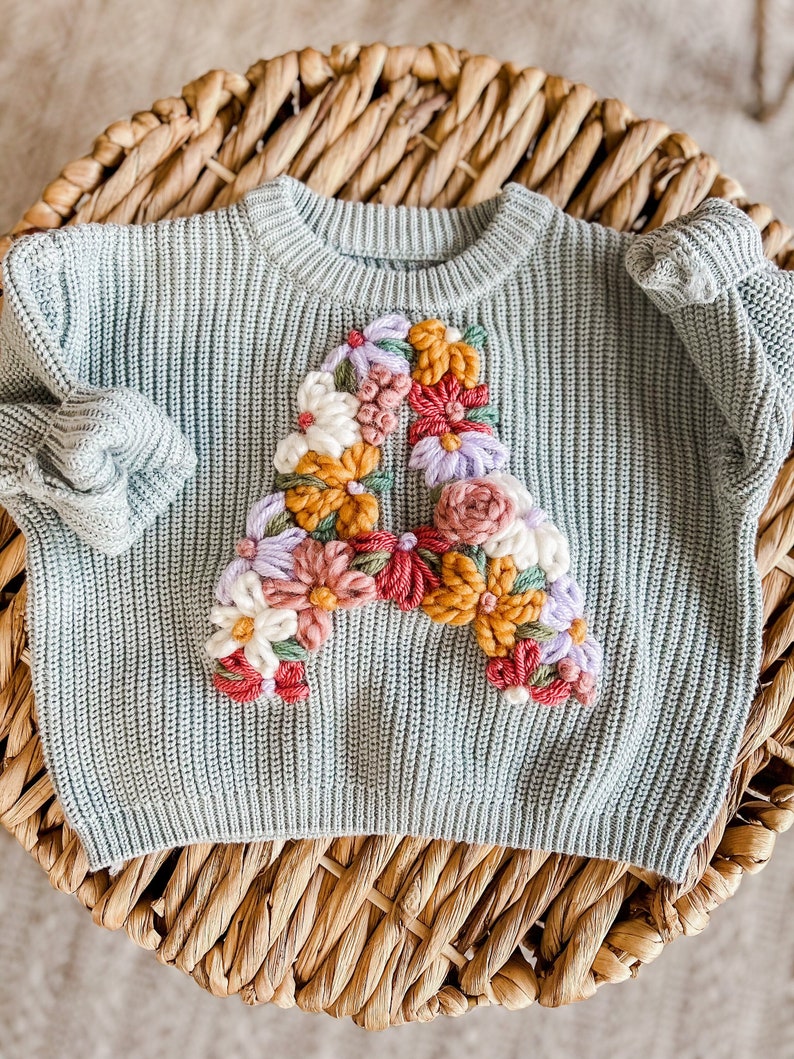 Custom embroidered floral initial sweater, custom toddler sweater, custom baby sweater, custom initial sweater, baby name sweater image 8
