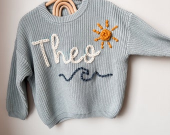 Custom name sweater with design, ocean name sweater, custom toddler sweater, sun and cloud sweater, baby name sweater, wave sweater