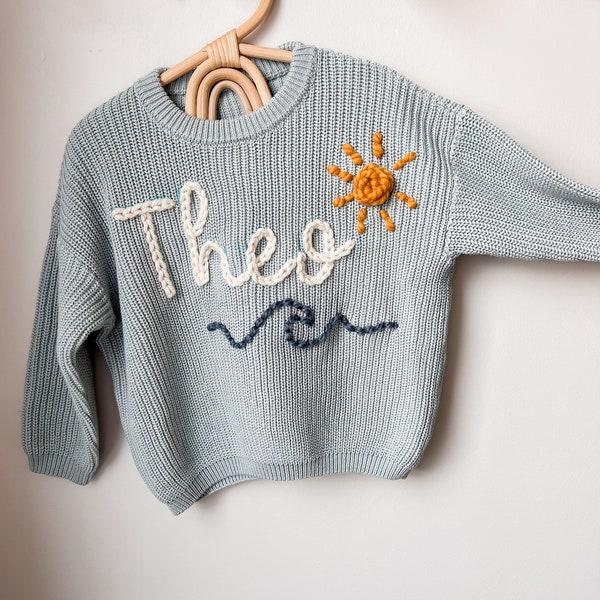 Custom name sweater with design, ocean name sweater, custom toddler sweater, sun and cloud sweater, baby name sweater, wave sweater