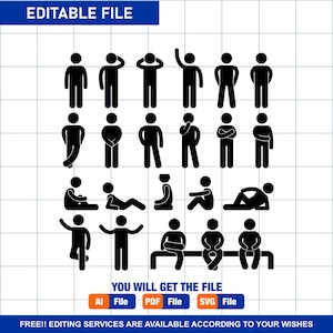Stick Figure Stickman Stick Man Basic Human Actions Positions Poses Postures Standing Sitting Thinking Waving Pictogram Icons PNG SVG Vector