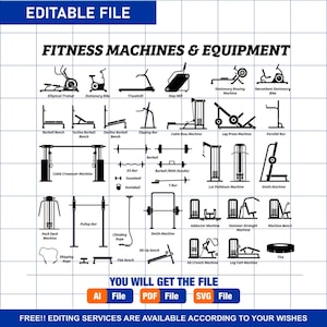 Fitness Exercise Cardio Muscle Building Machines Equipment Weights Barbell Rowing Treadmill Bench Gym Gymnasium Workout Download Icon Vector Etsy