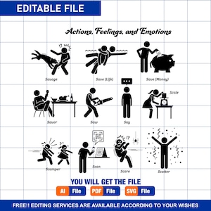 Figuras de palo Hombre Personas Stickman Silueta Verbos de acción S Vector SVG PNG EPS Cliparts Clip Arts Pictograma negro Signo Símbolo Iconos gráficos