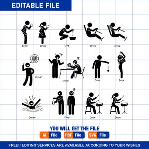 Figuras de palo Hombre Personas Stickman Silueta Verbos de acción D Vector SVG PNG EPS Cliparts Clip Arts Pictograma negro Signo Símbolo Iconos gráficos