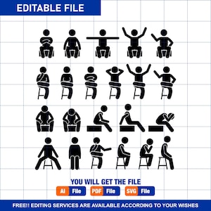 Stick Figure Stickman Stick Man People Person Poses Postures Sit Sitting Chair Bench Seat Seating Pictogram Download Icons PNG SVG Vector