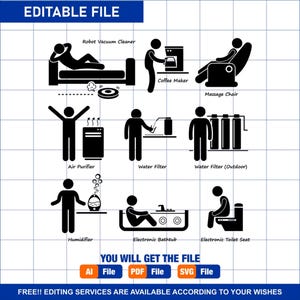 Home Robot Vacuum Cleaner Coffee Maker Massage Chair Air Purifier Water Filter Humidifier Electronic Bathtub Toilet Bowl Icon PNG SVG Vector